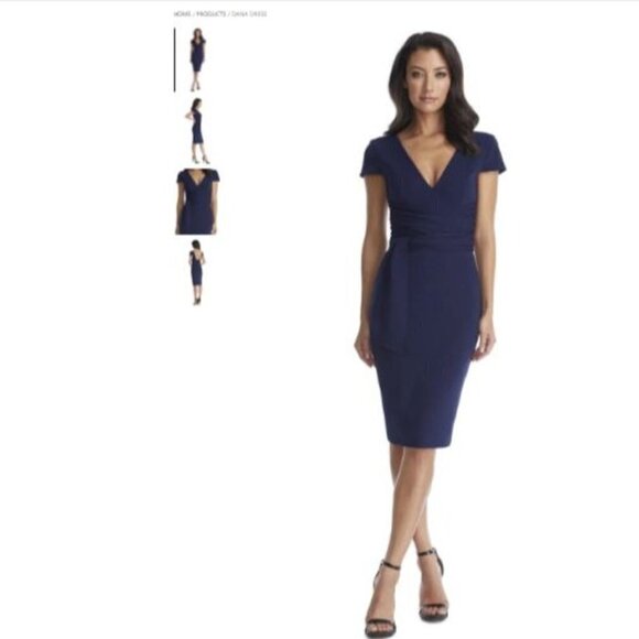 Dress the Population Dana Navy Blue Sheath Dress Deep V-neck Size Small